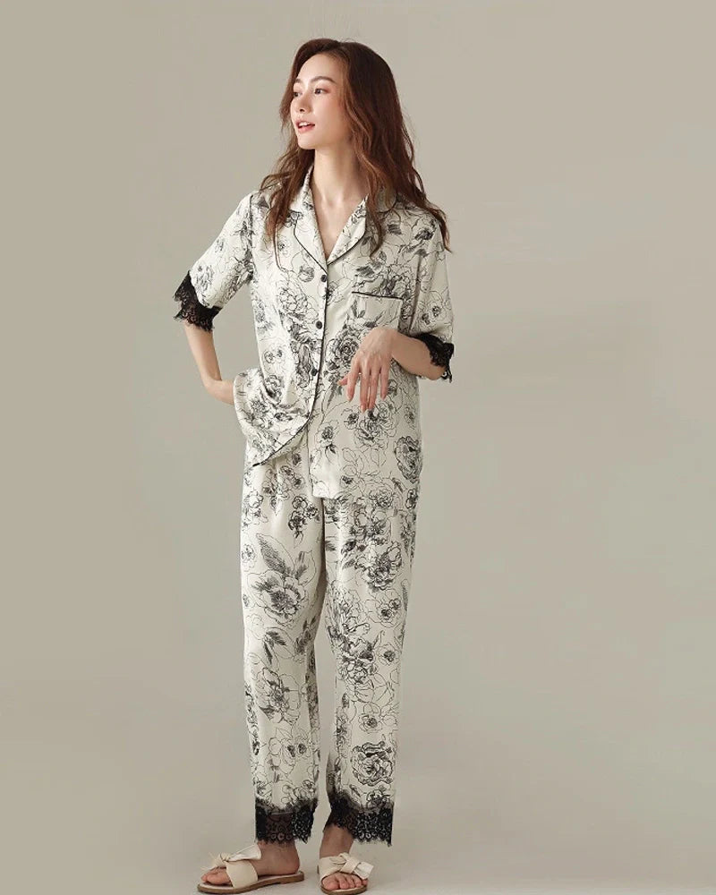 Floral Short Sleeve Silk Pajama Set