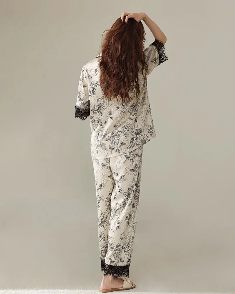 Floral Short Sleeve Silk Pajama Set