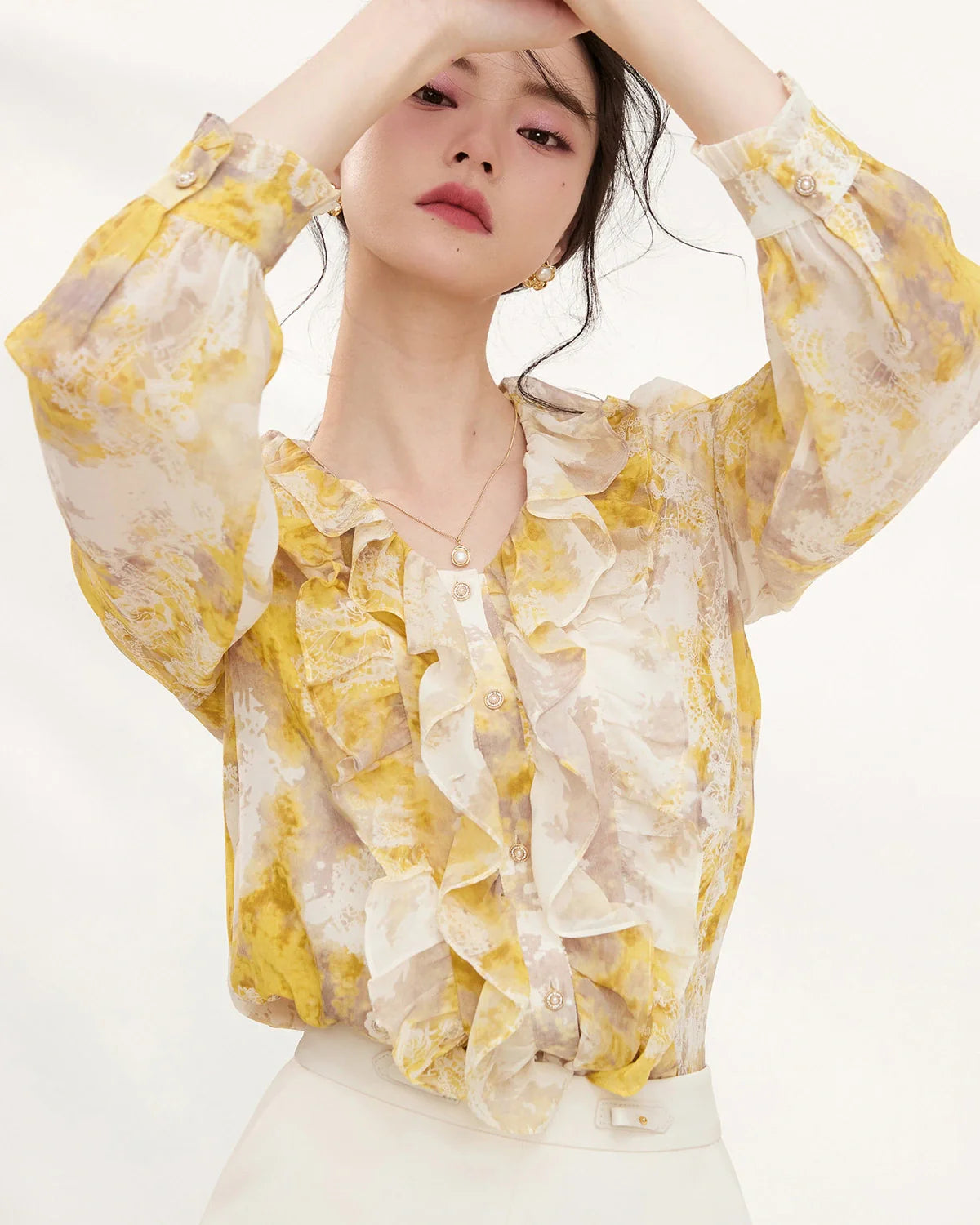 Yellow Silk Floral Ruffle Long Sleeve Blouse