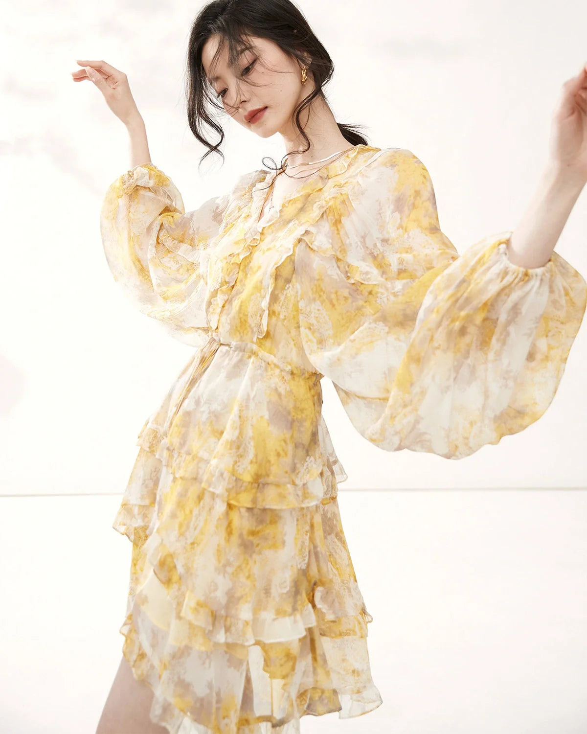Long Sleeve Yellow Silk Mini Dress with Ruffles