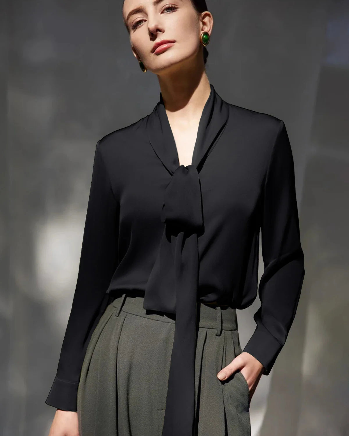 30 Momme Silk Tie-Front Long Sleeve Blouse