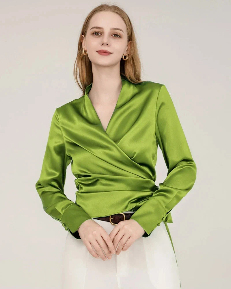 Elegant Fitted Silk Wrap Blouse