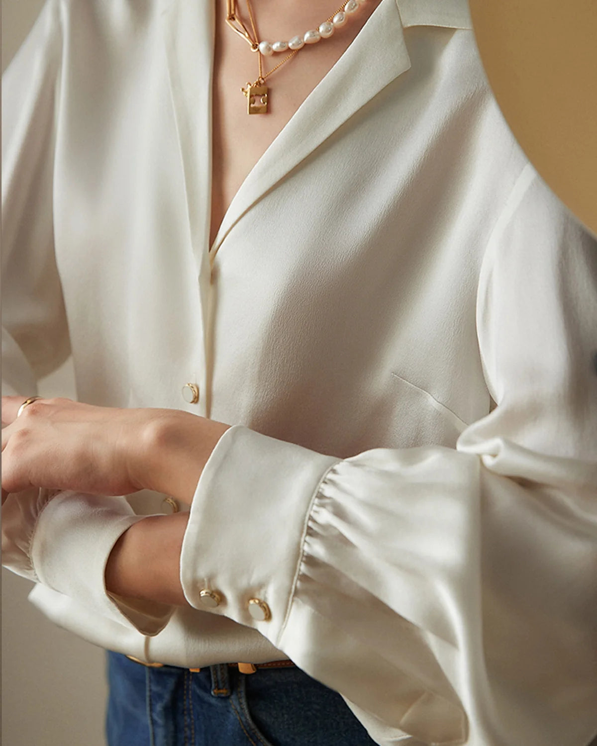 V-neck Lapel Collar Silk Blouse