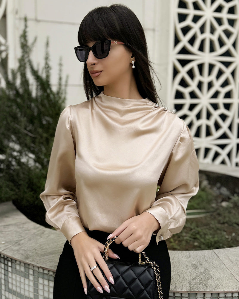 Mock Neck Silk Blouse with Pearl Button