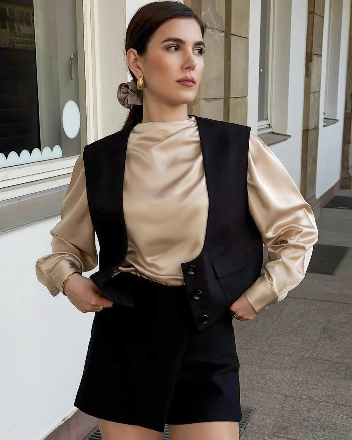 Mock Neck Silk Blouse with Pearl Button