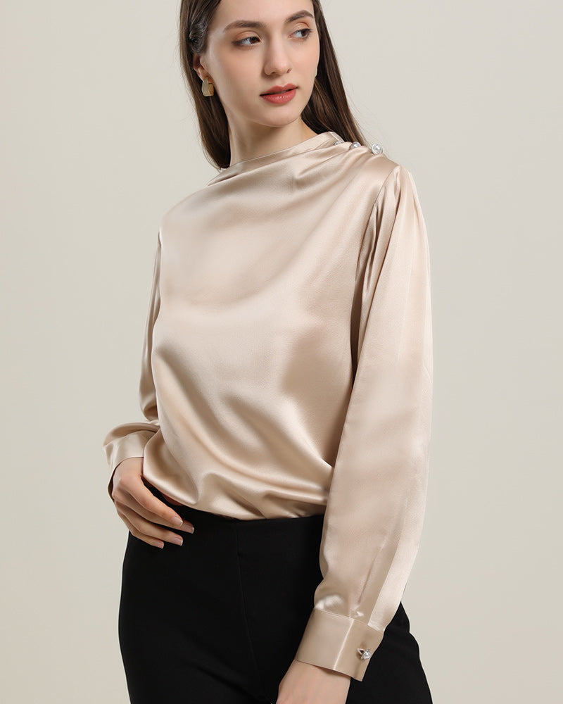 Mock Neck Silk Blouse with Pearl Button