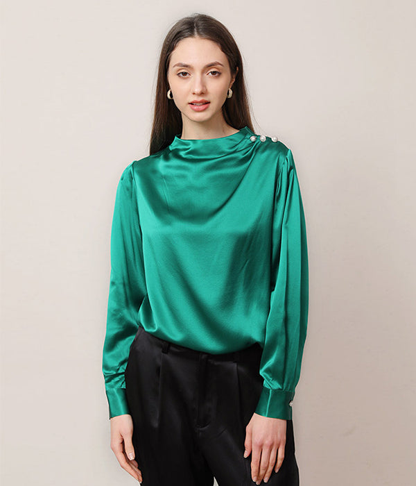 Mock Neck Silk Blouse with Pearl Button