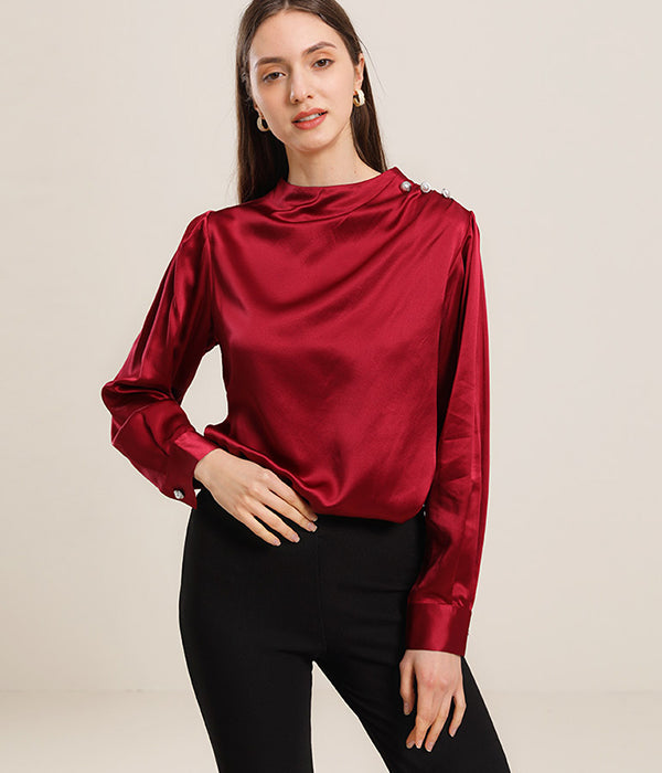 Mock Neck Silk Blouse with Pearl Button