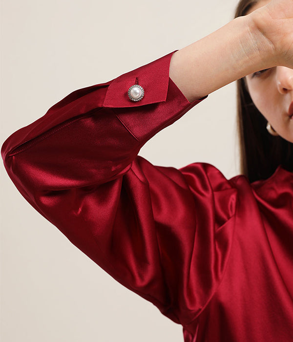 Mock Neck Silk Blouse with Pearl Button