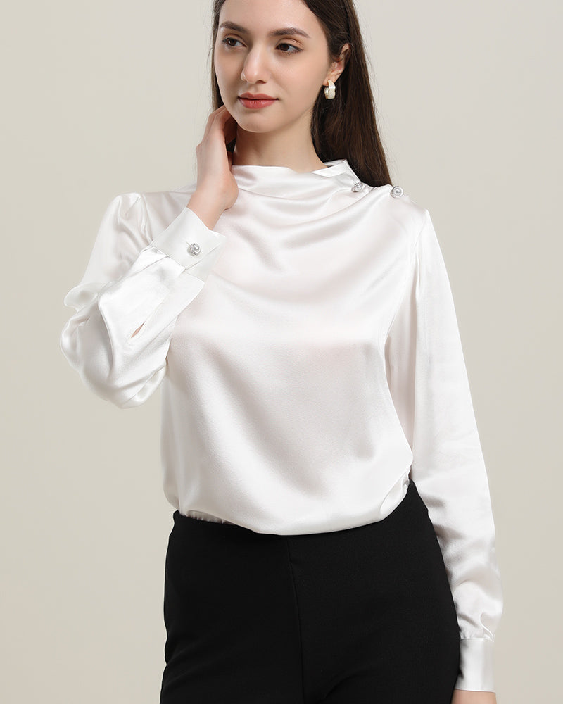 Mock Neck Silk Blouse with Pearl Button