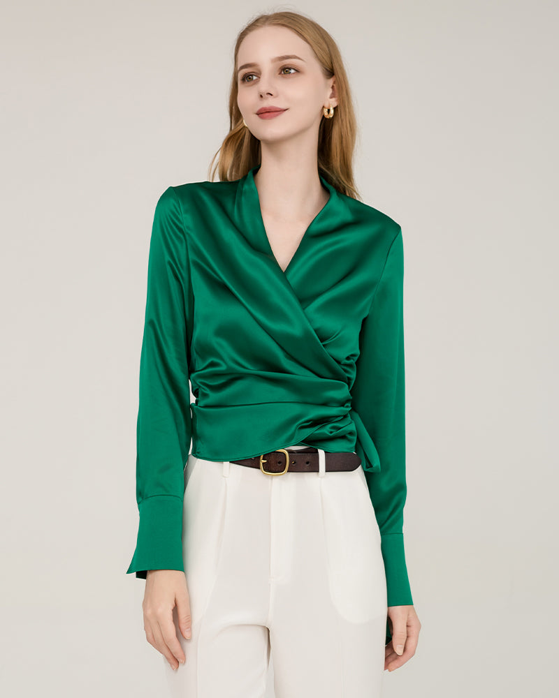 Elegant Fitted Silk Wrap Blouse