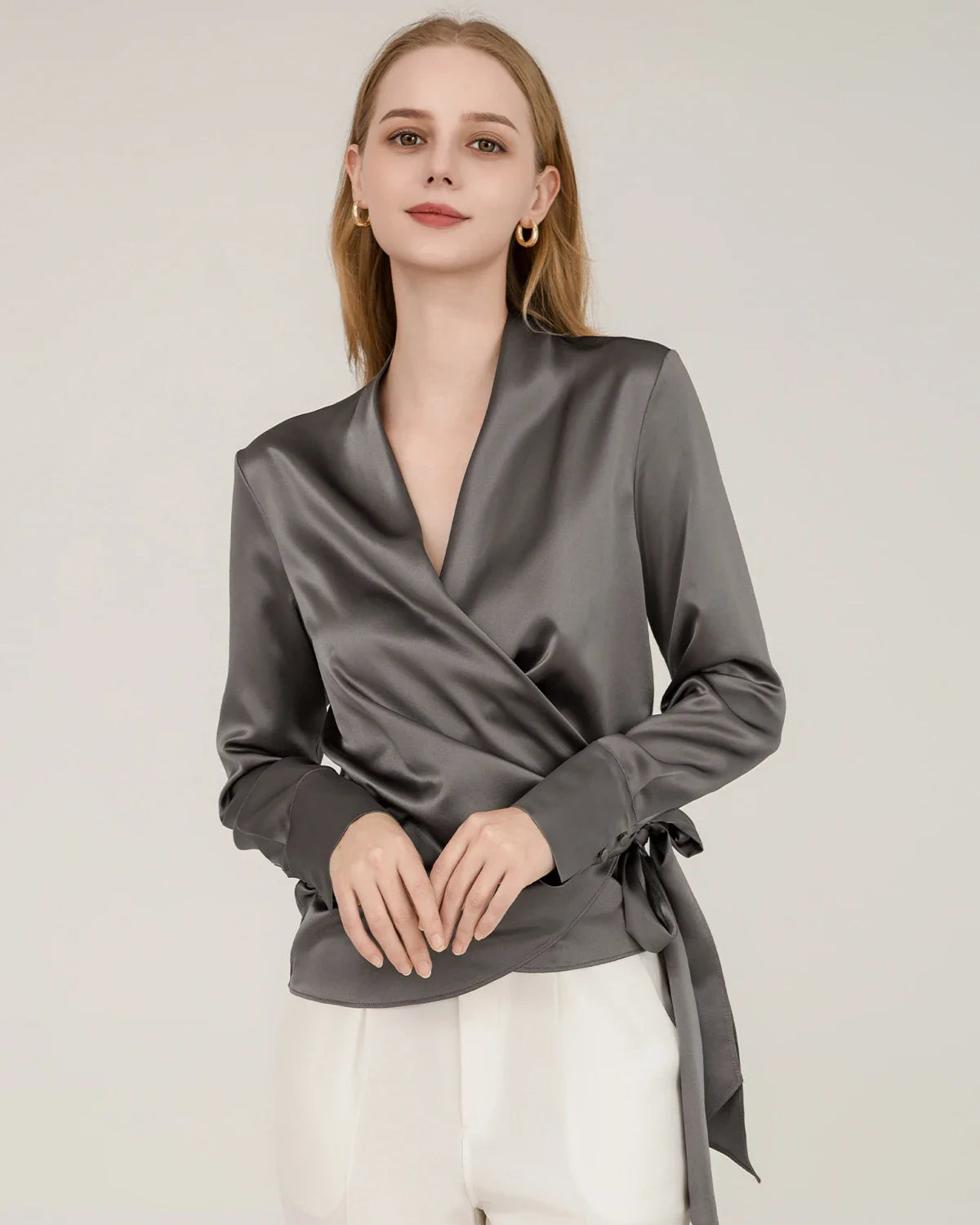 Elegant Fitted Silk Wrap Blouse
