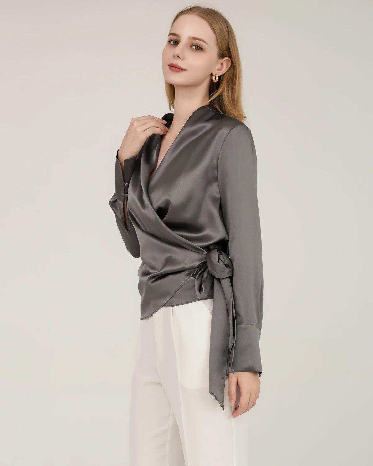Elegant Fitted Silk Wrap Blouse