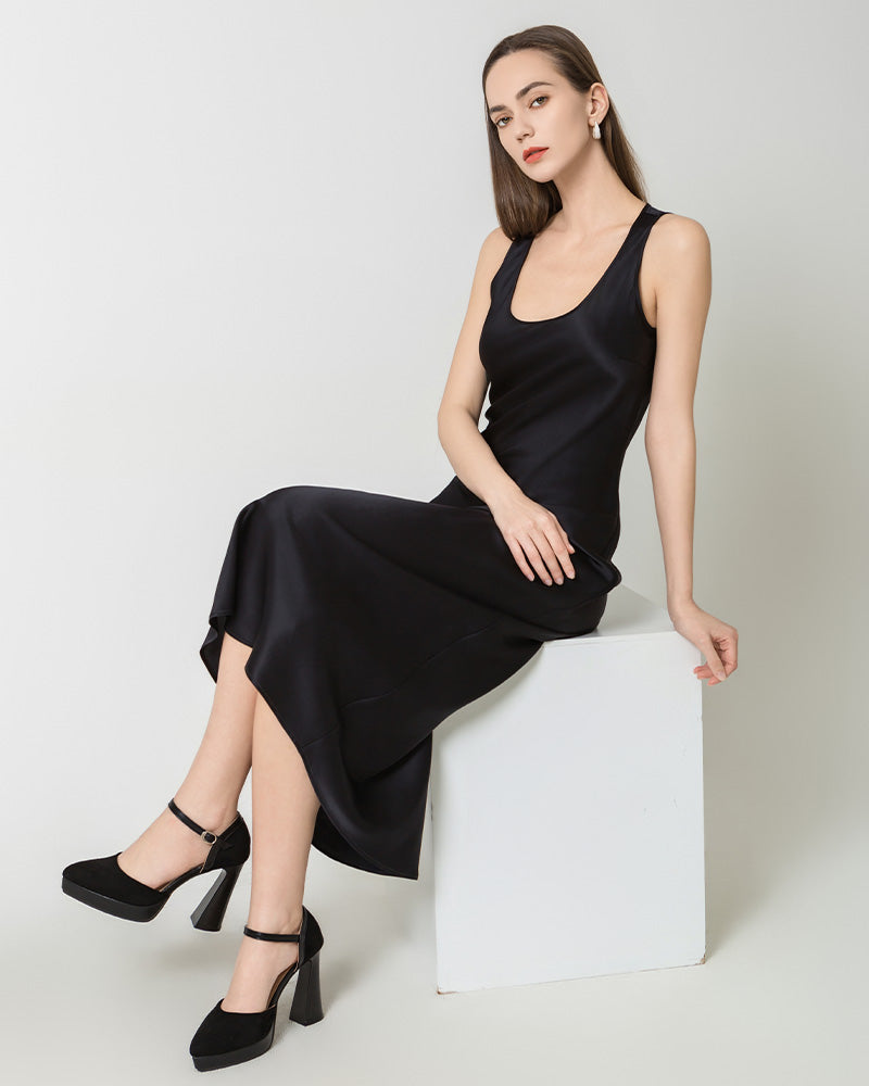 Silk Round Neck Cinched Waist Long Dress