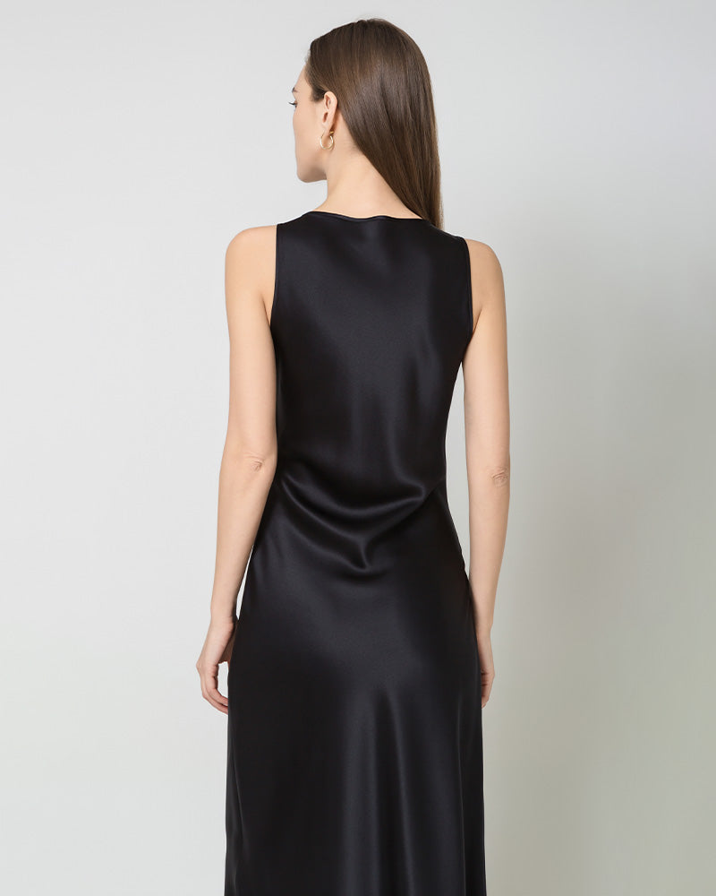 Silk Round Neck Cinched Waist Long Dress