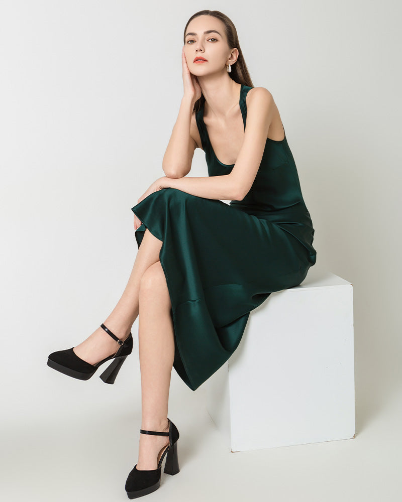 Silk Round Neck Cinched Waist Long Dress