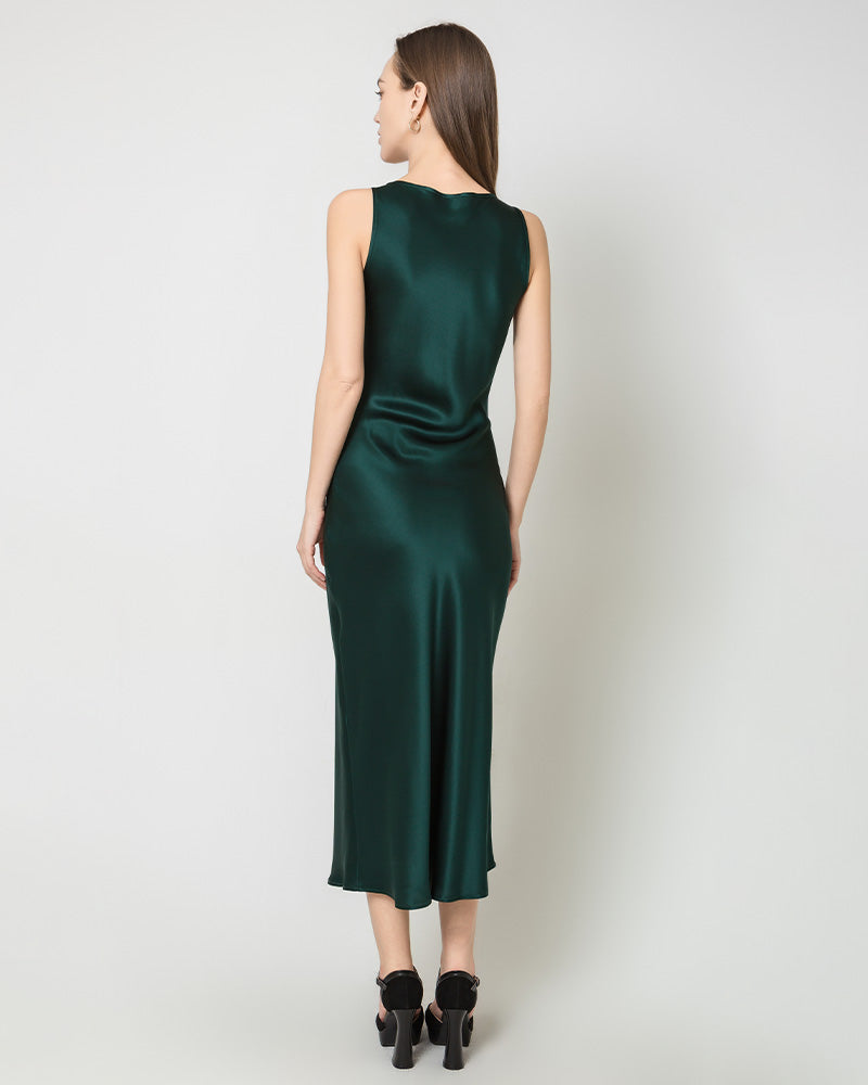 Silk Round Neck Cinched Waist Long Dress