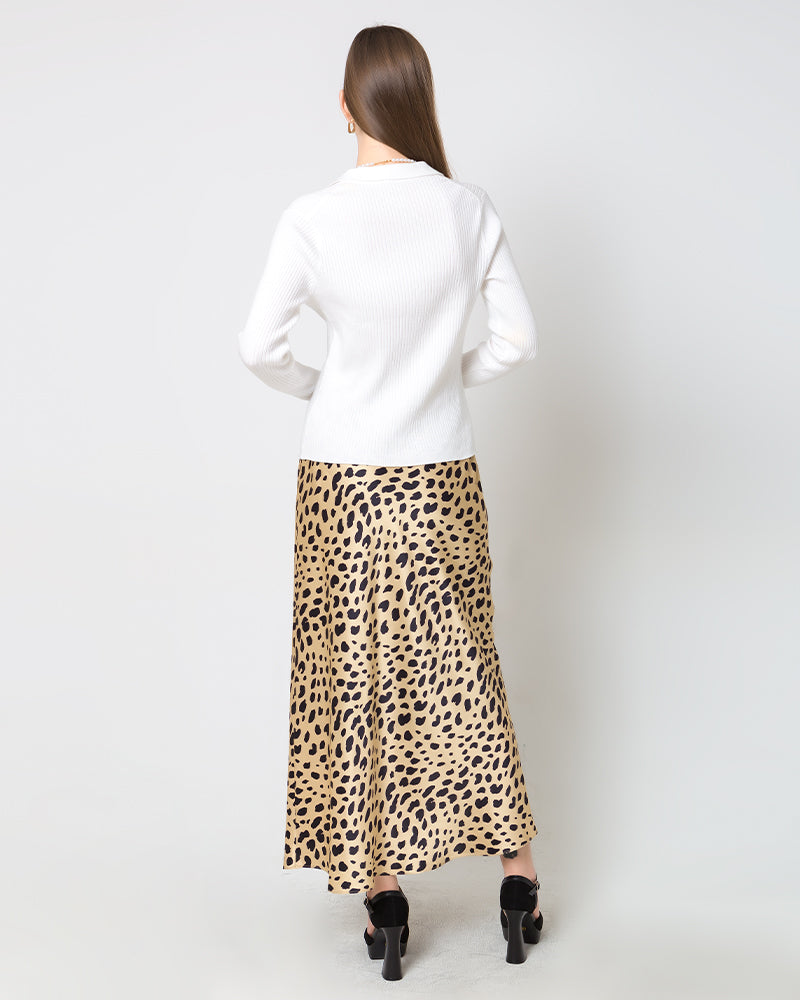 Silk Satin Bias Cut Long Leopard Print Skirt