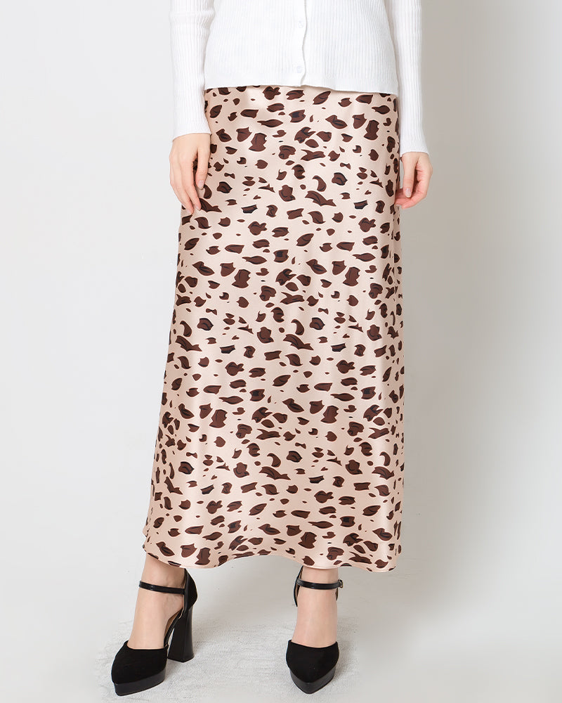 Silk Satin Bias Cut Long Leopard Print Skirt