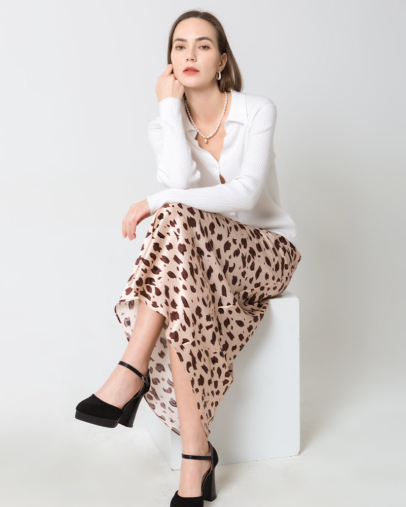 Silk Satin Bias Cut Long Leopard Print Skirt