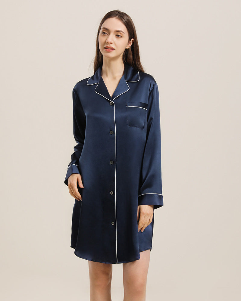 Silk Shirt Pajamas Sleepwear Piping Style