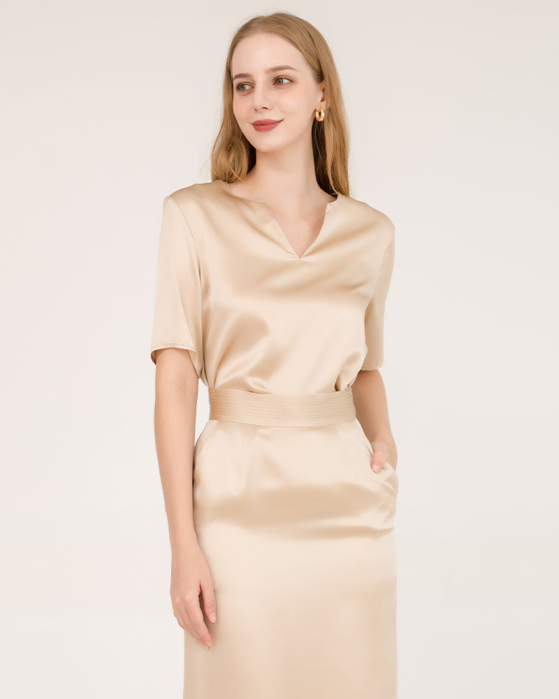 V-Neck Silk Blouse and Silk Midi Skirt Set