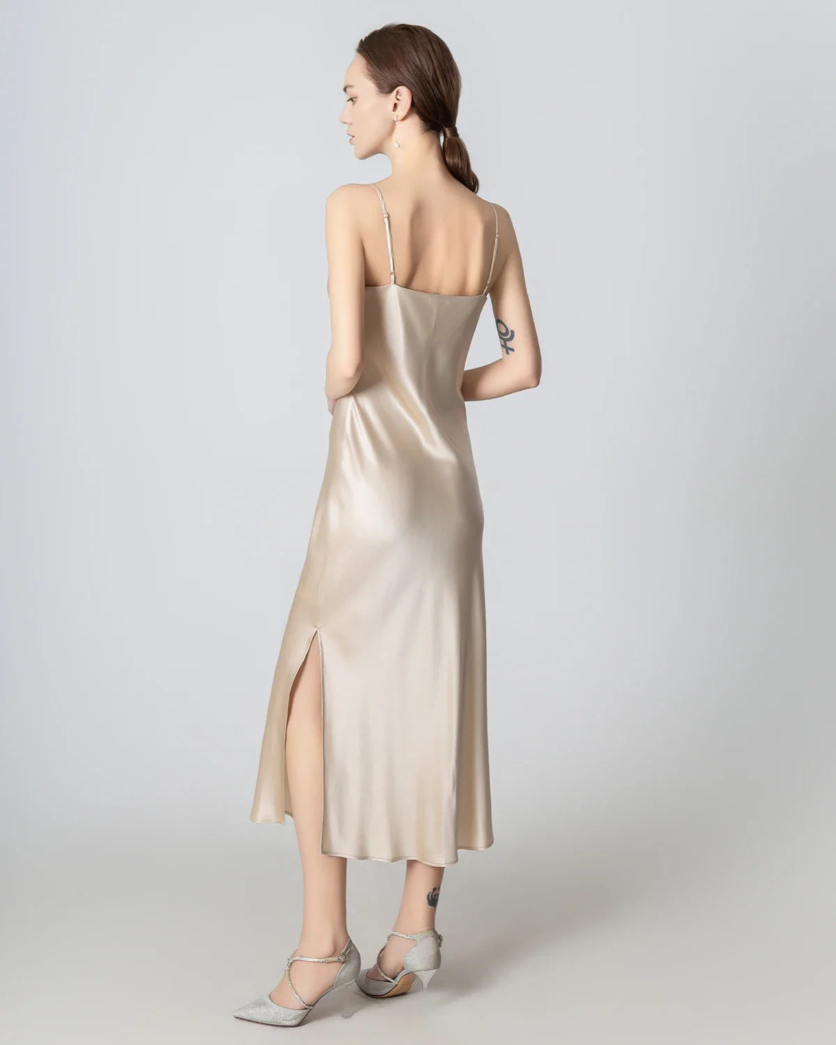 Slit Cowl Neck Midi Cami Silk Dress