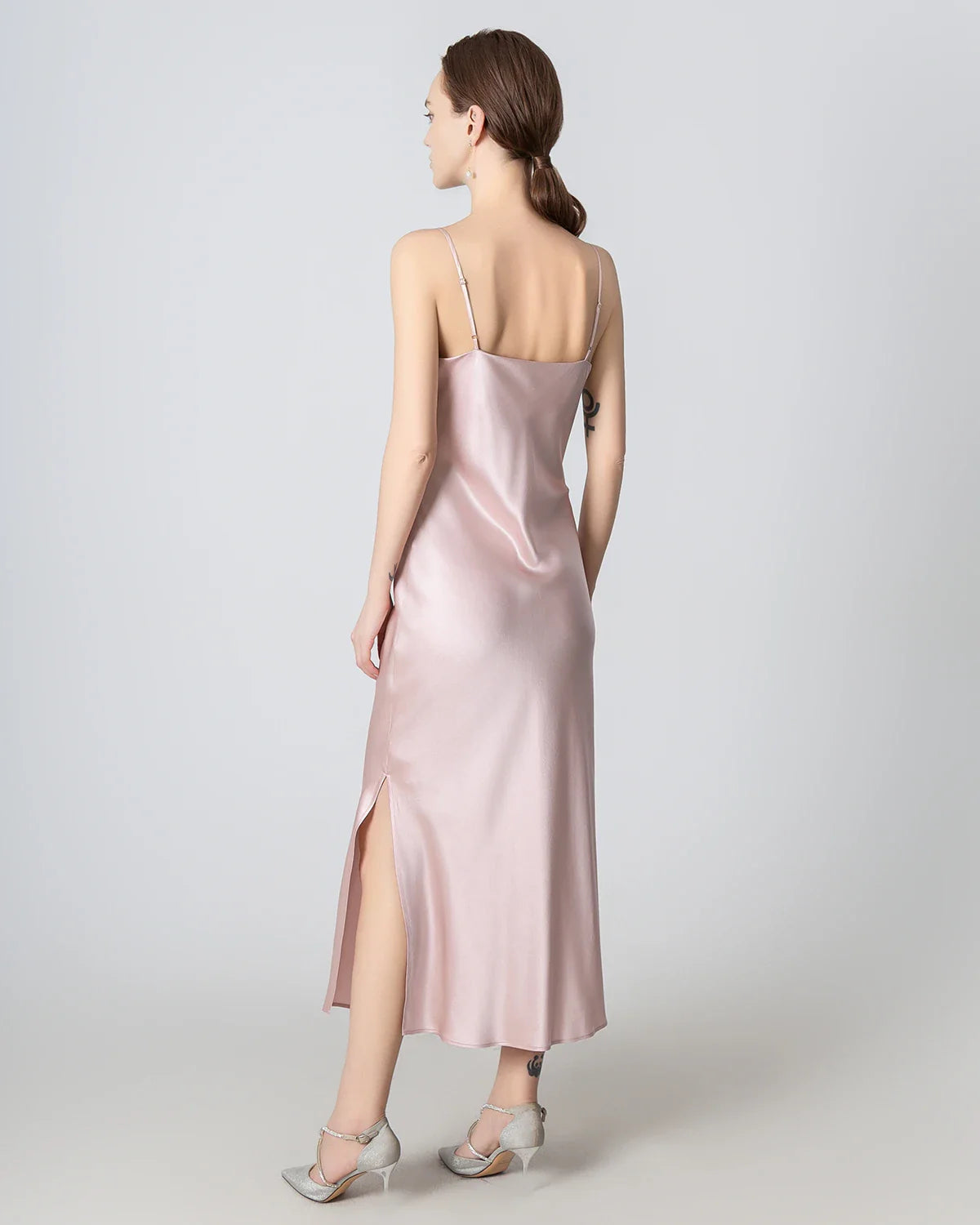 Slit Cowl Neck Midi Cami Silk Dress