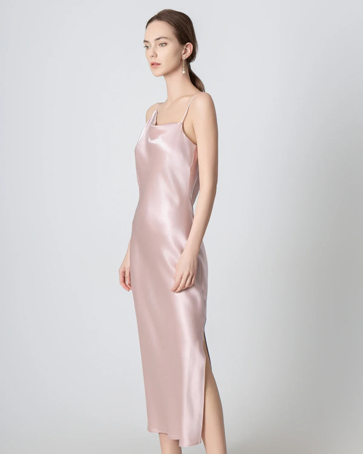 Slit Cowl Neck Midi Cami Silk Dress