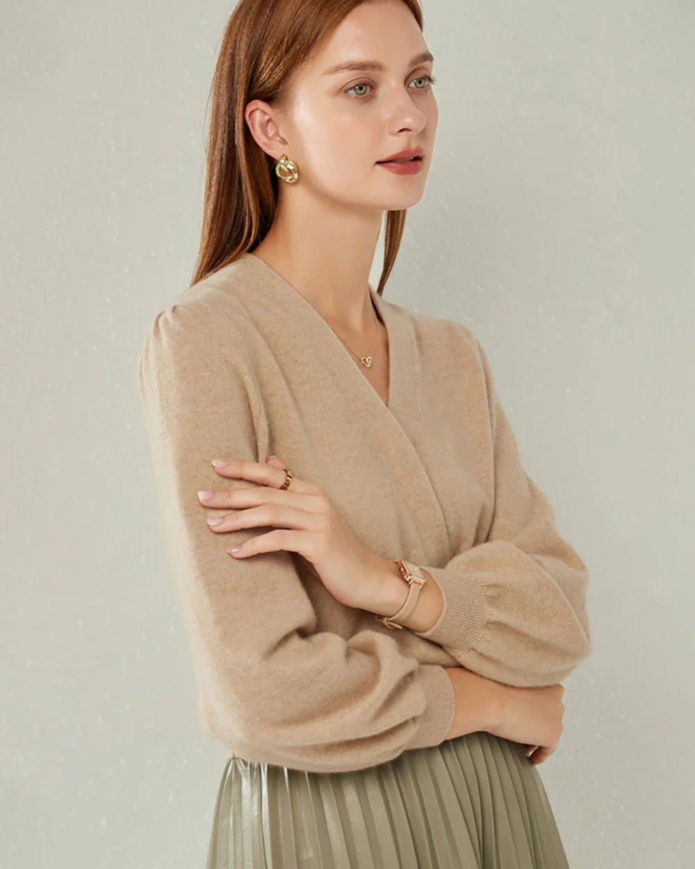 V-neck Lantern Sleeve Cashmere Sweater