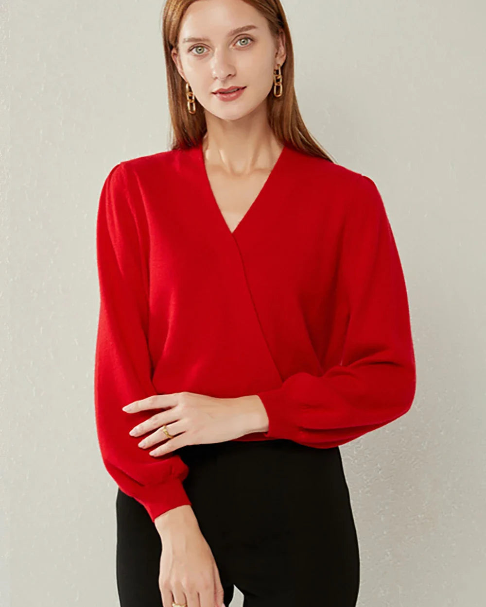 V-neck Lantern Sleeve Cashmere Sweater