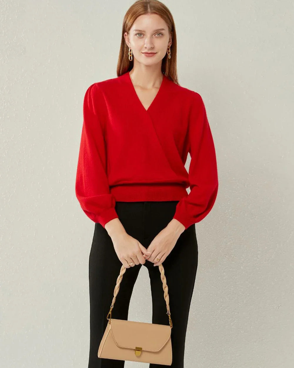 V-neck Lantern Sleeve Cashmere Sweater