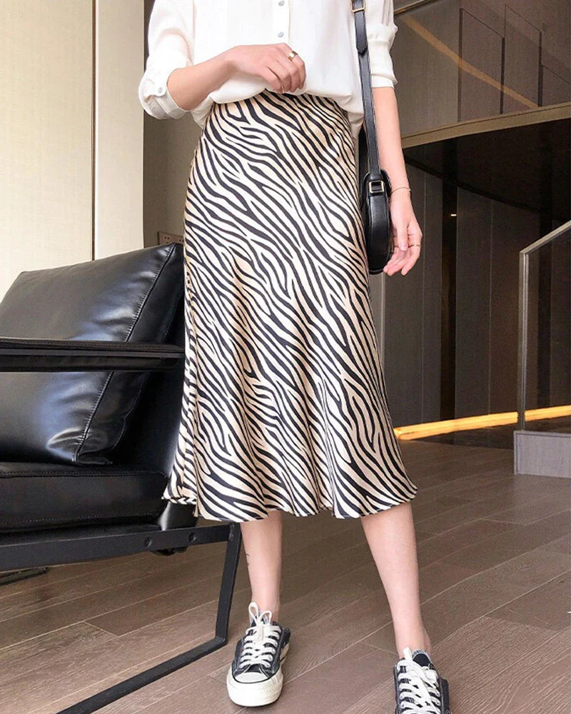 Women's Zebra Print Midi Silk Skirt