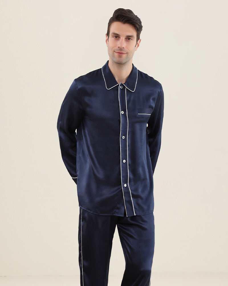 Double Piping Silk Pajamas Set For Men