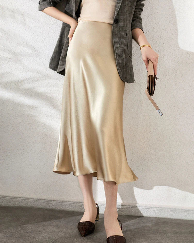Versatile Silk Midi Skirts with Elastic Waistband