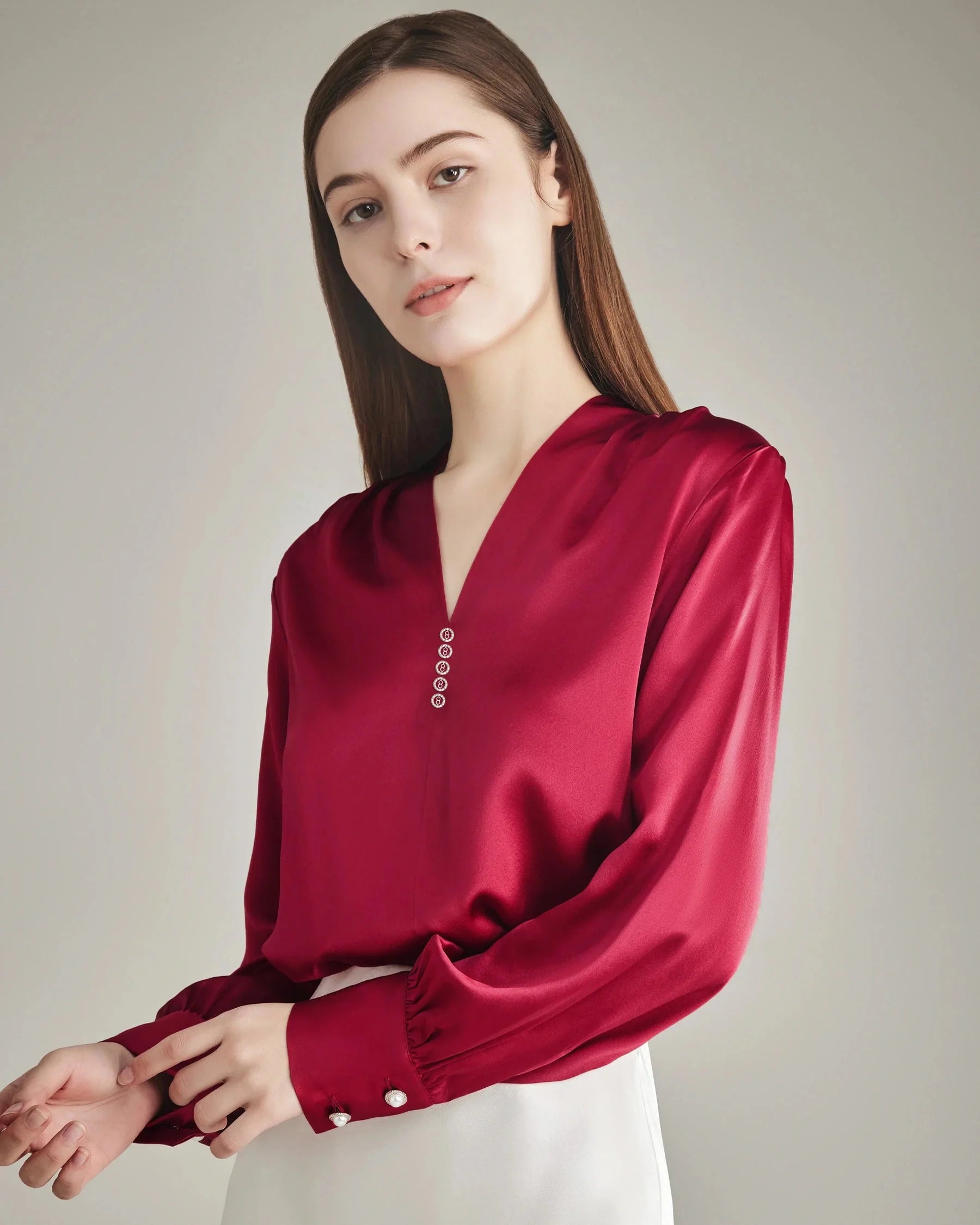Women's Rhinestone Buttons Silk Blouse