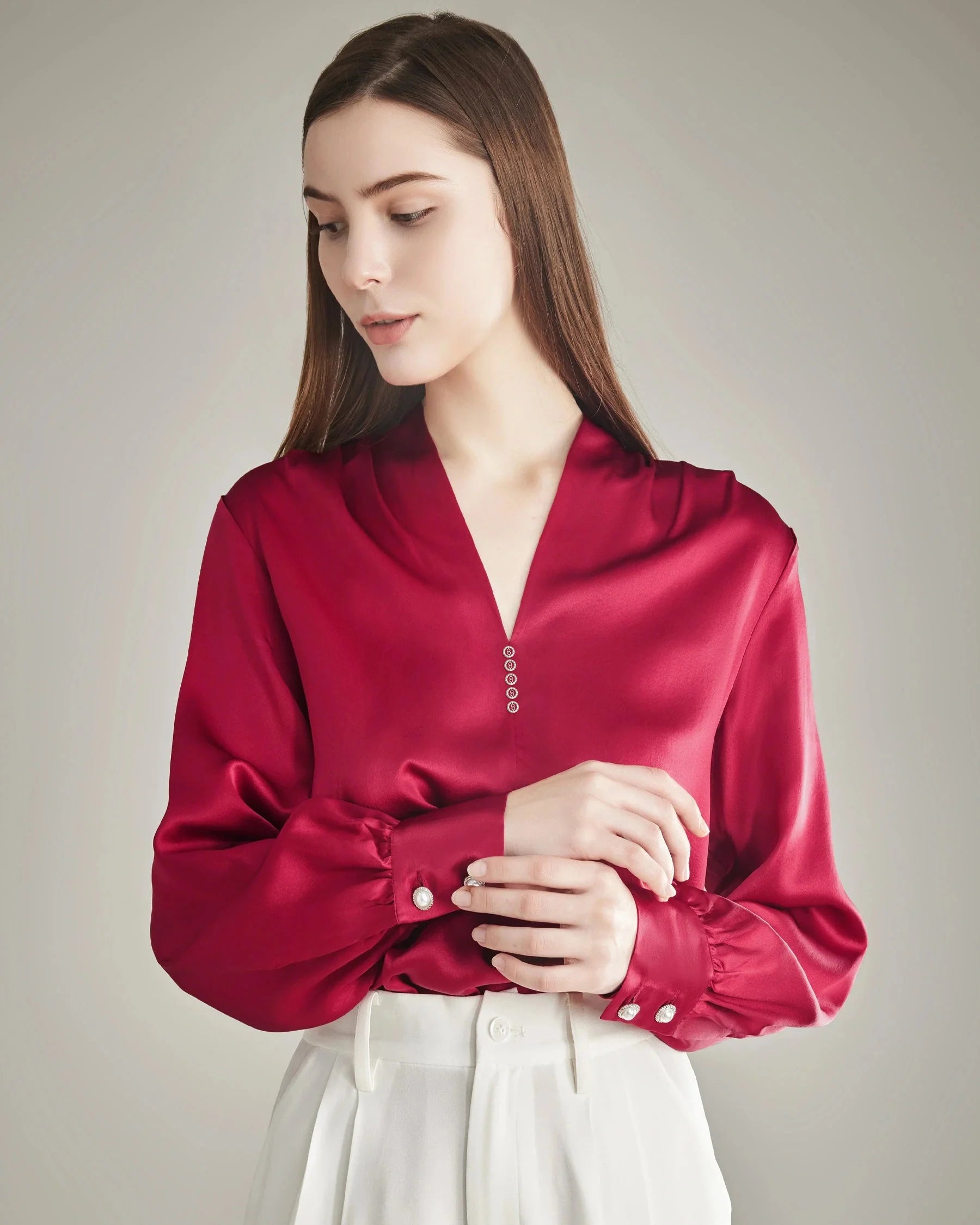 Women's Rhinestone Buttons Silk Blouse
