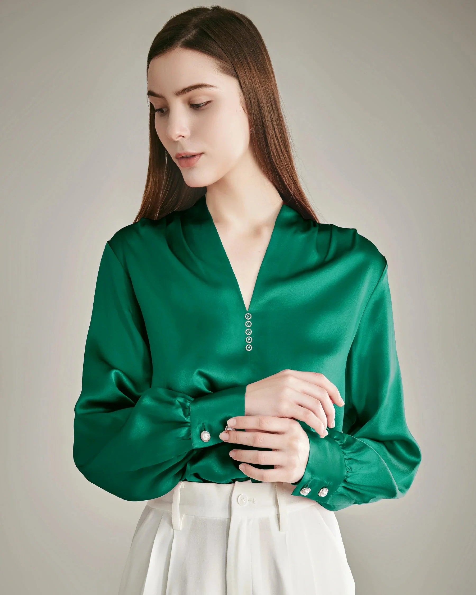 Women's Rhinestone Buttons Silk Blouse