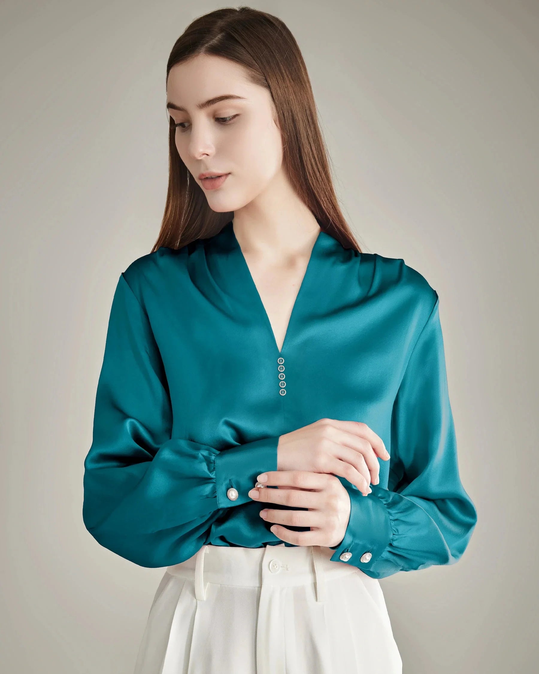 Women's Rhinestone Buttons Silk Blouse