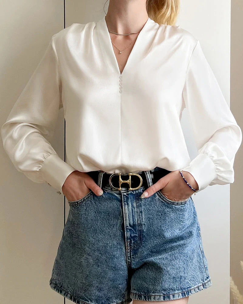 Women's Rhinestone Buttons Silk Blouse