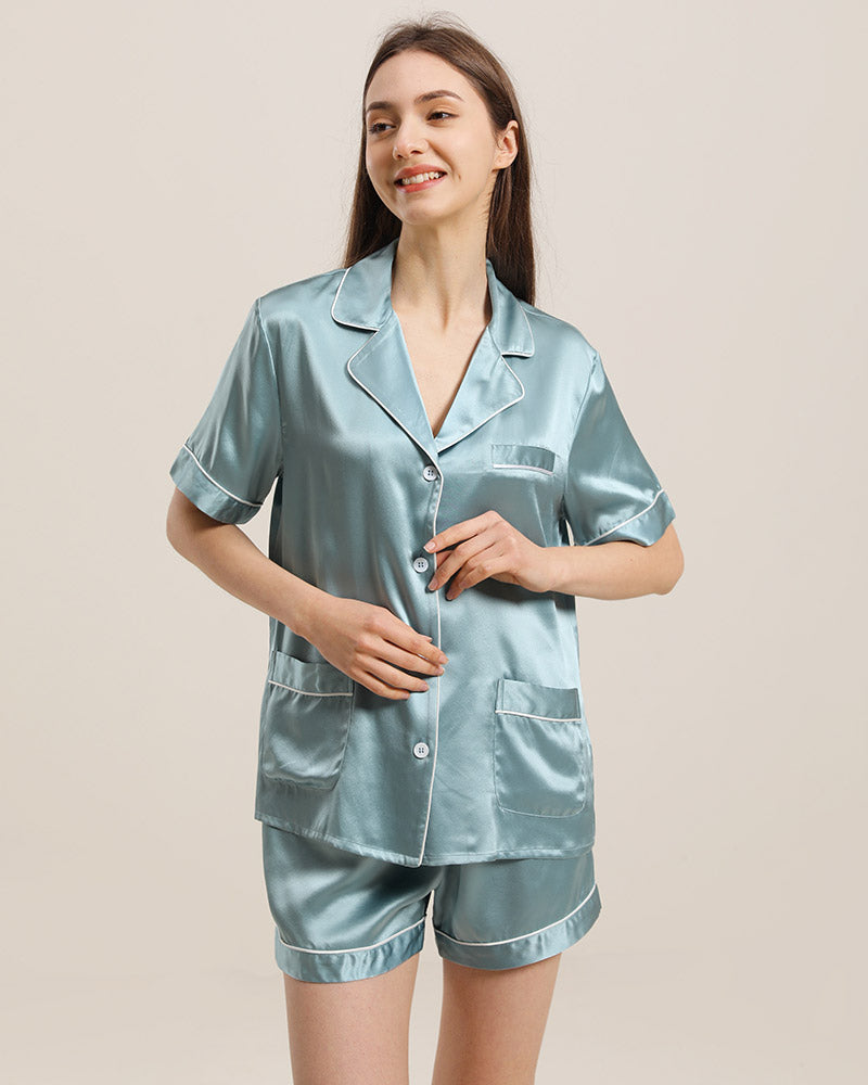 Button Up Silk Short Pajama Set