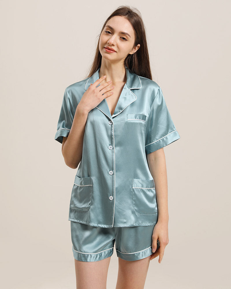Button Up Silk Short Pajama Set