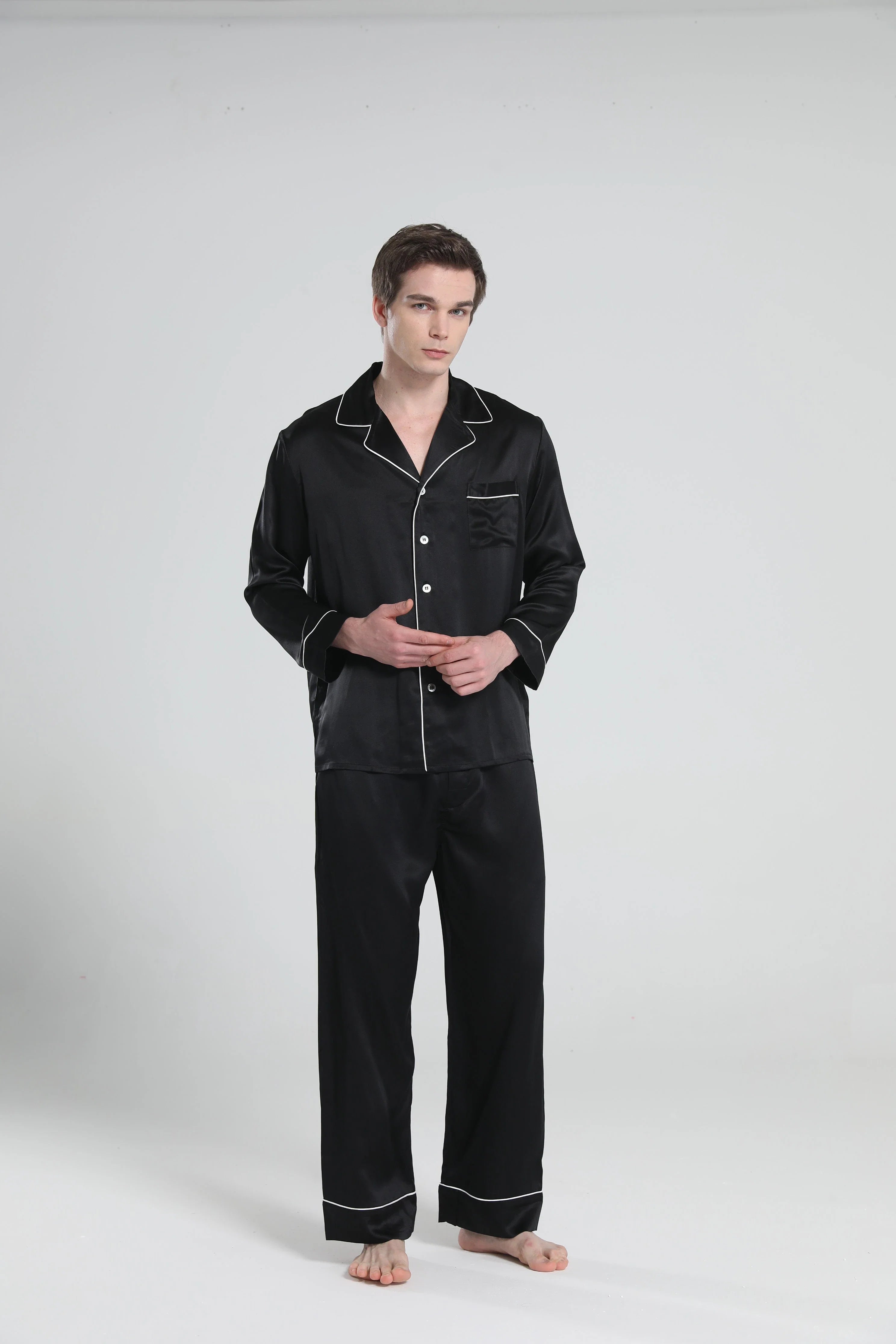 Casual Lapel Collar Silk Pajamas Set for Men