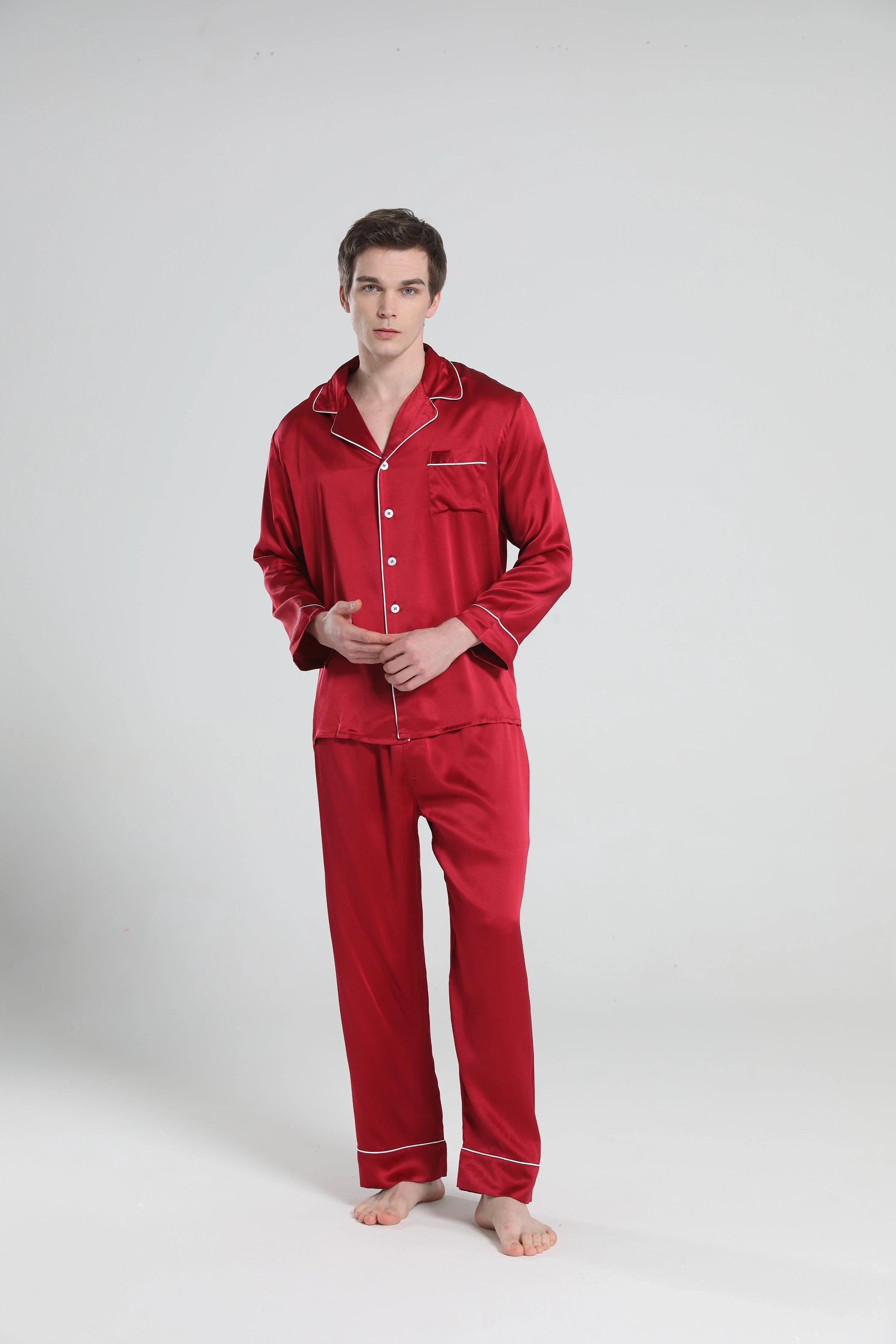 Casual Lapel Collar Silk Pajamas Set for Men
