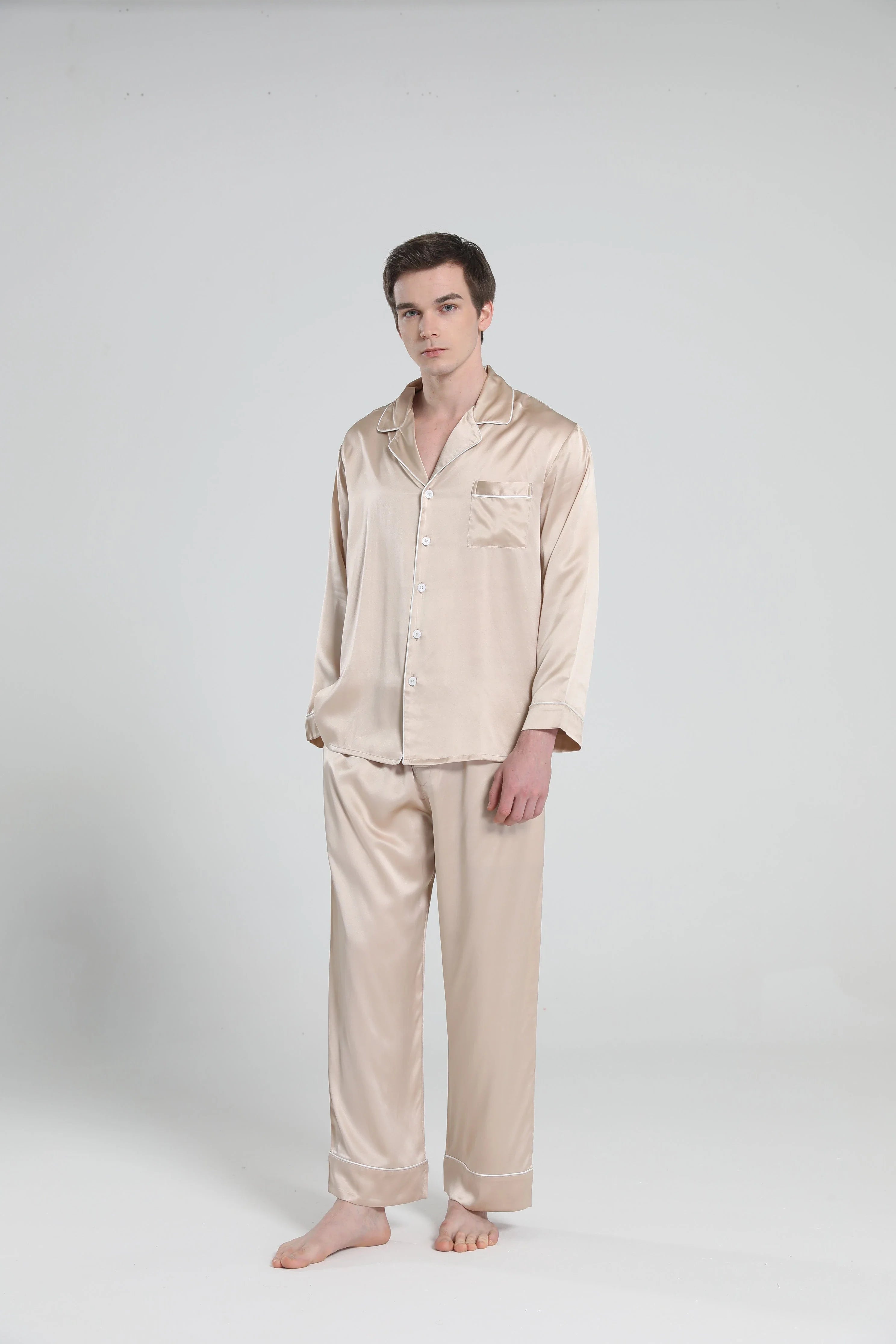 Casual Lapel Collar Silk Pajamas Set for Men