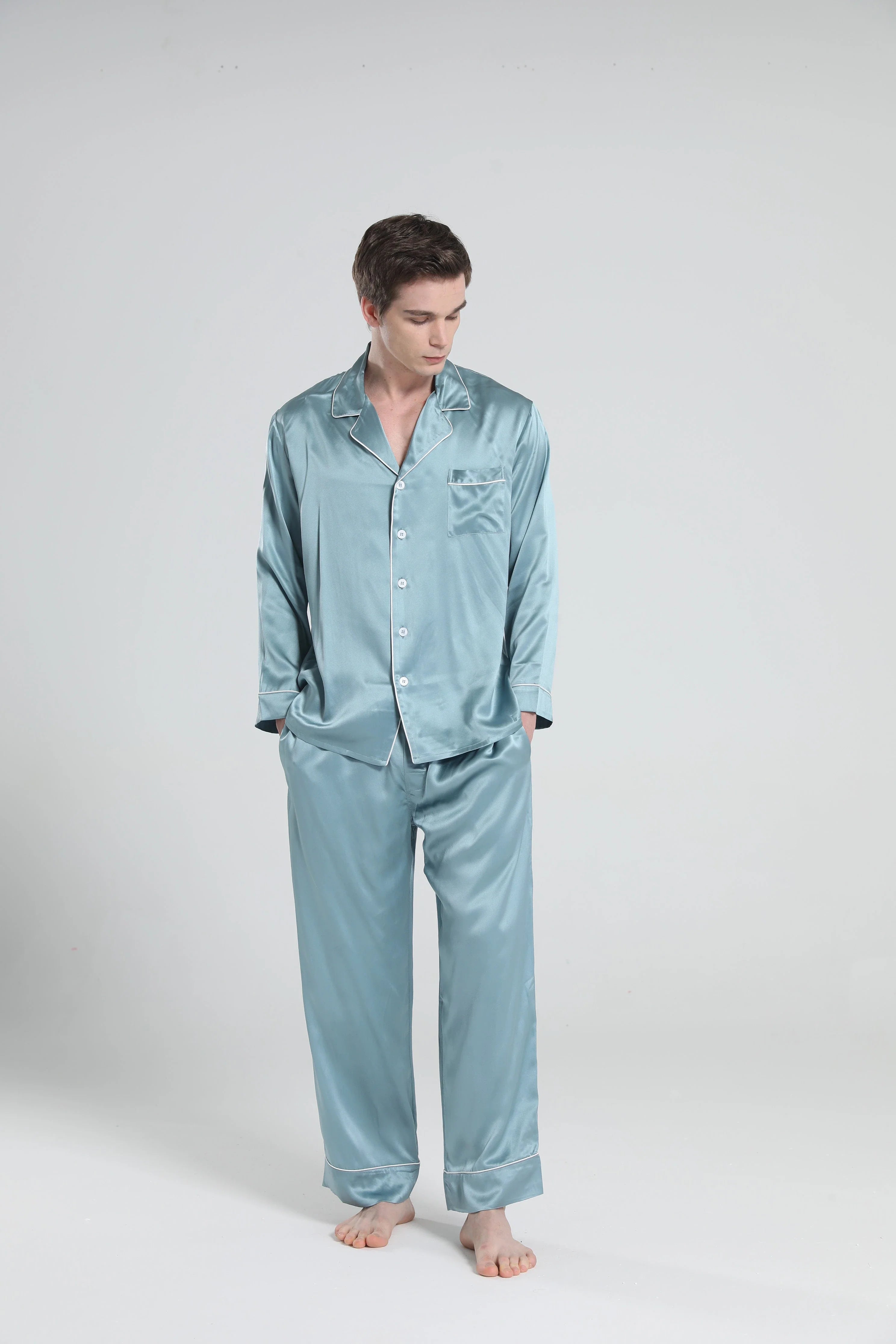 Casual Lapel Collar Silk Pajamas Set for Men