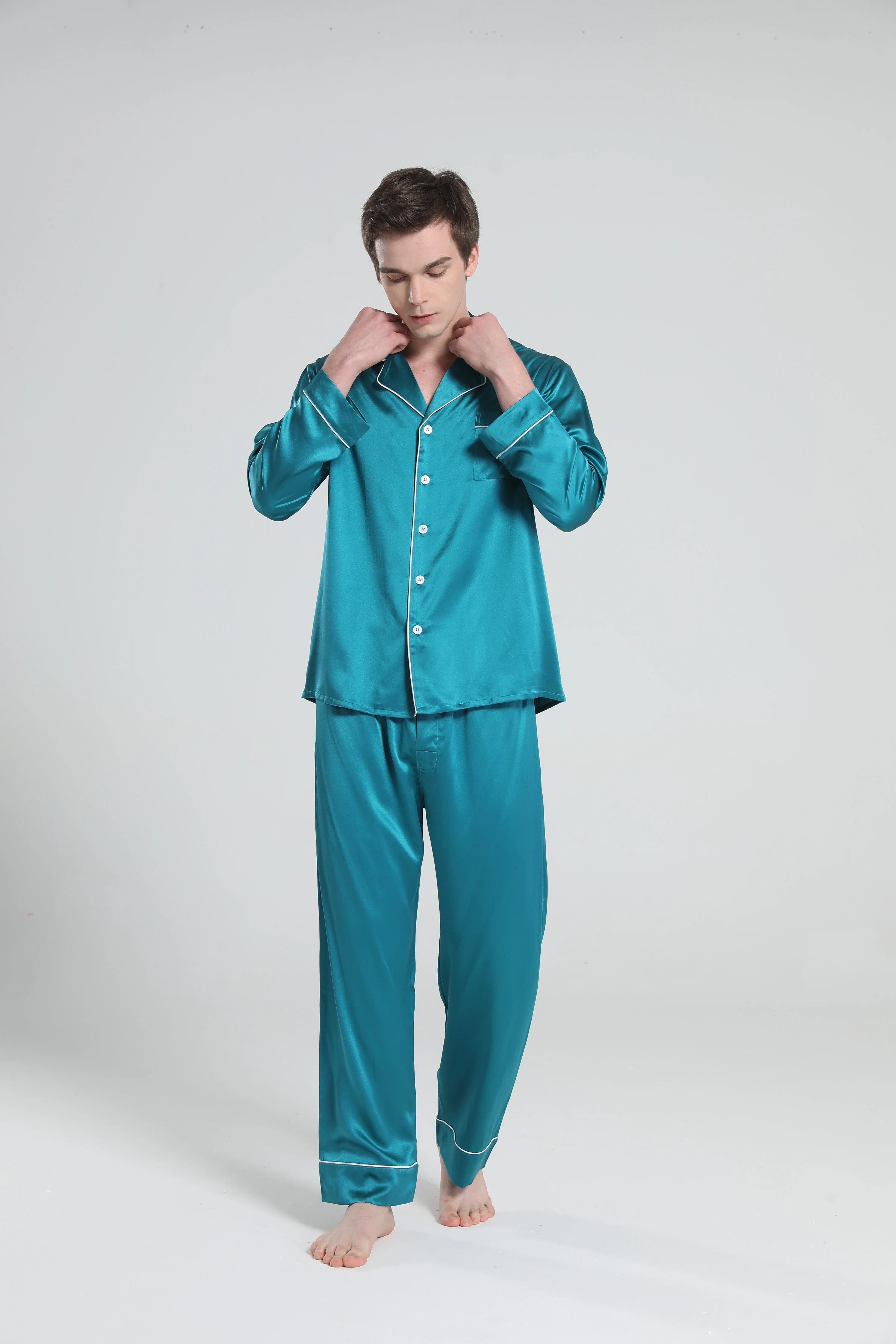 Casual Lapel Collar Silk Pajamas Set for Men