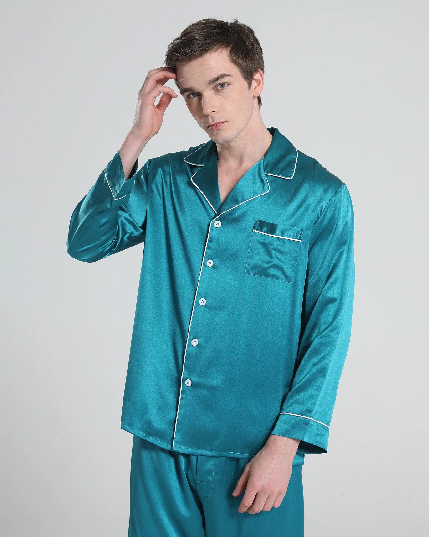 Casual Lapel Collar Silk Pajamas Set for Men