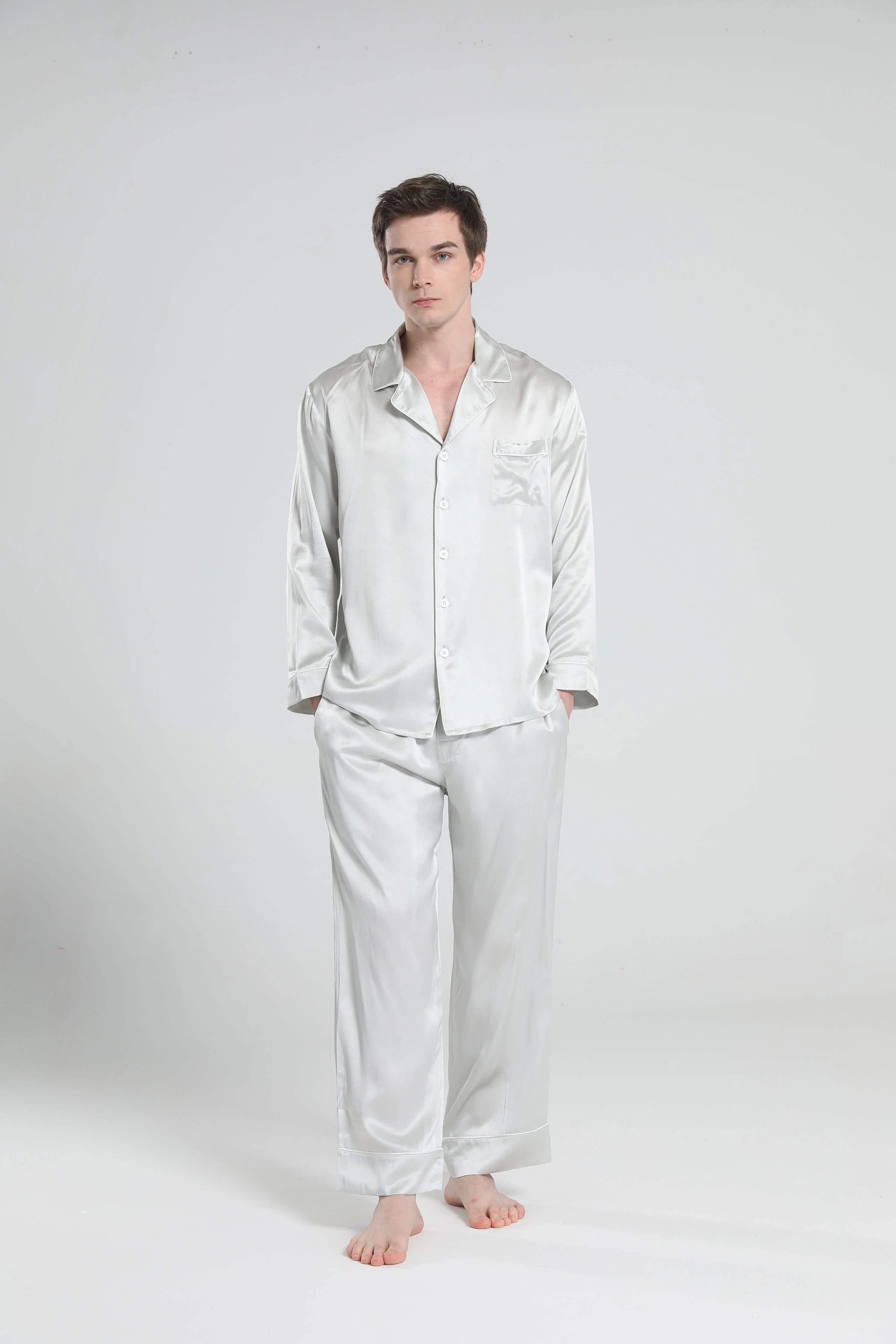 Casual Lapel Collar Silk Pajamas Set for Men
