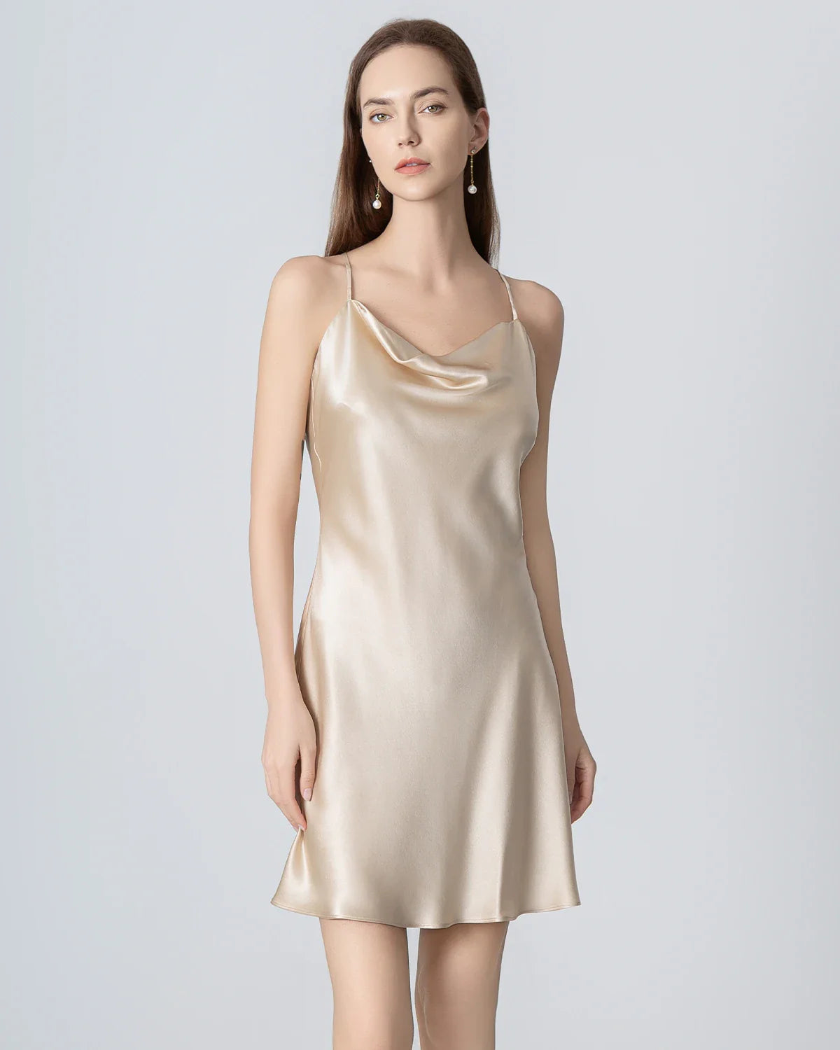 Cowl Neck Cross Back Mini Silk Dress